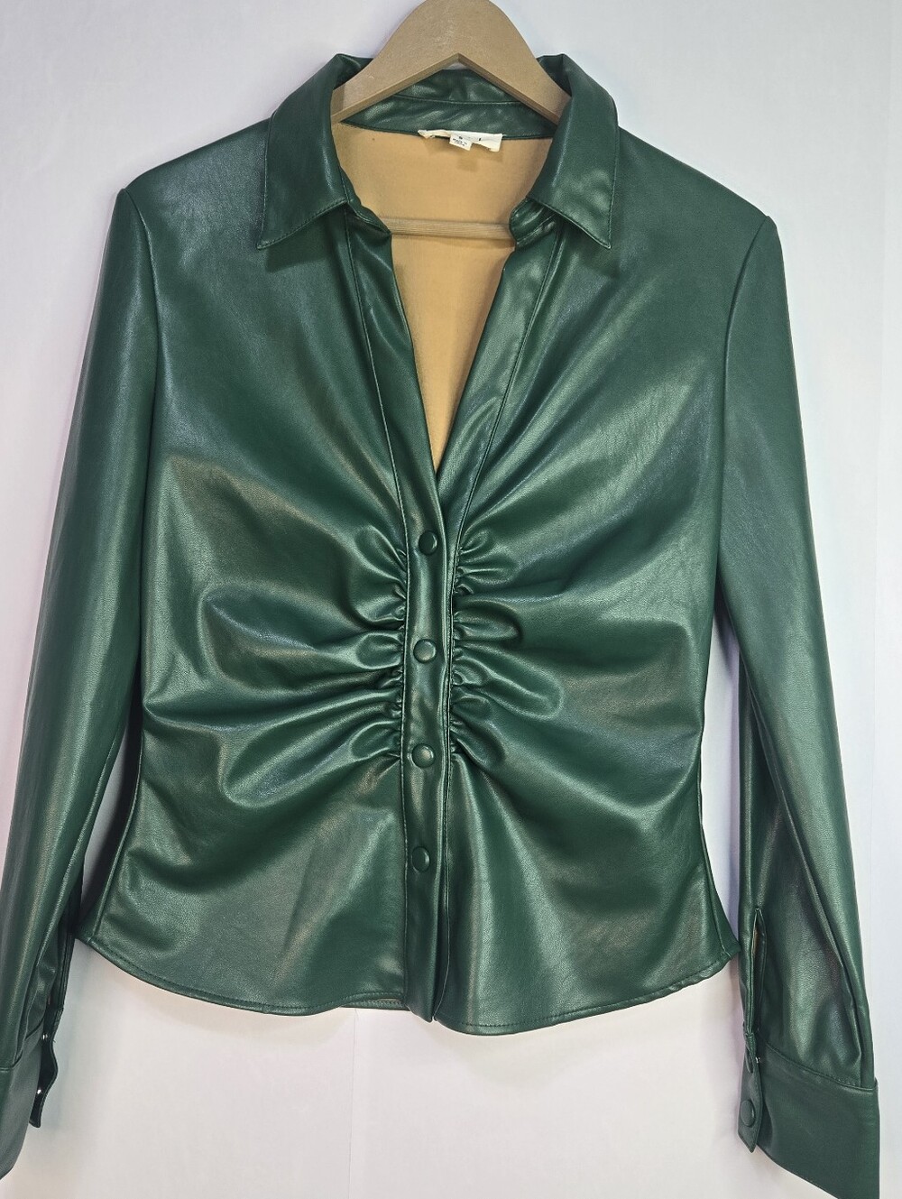 THML Size S Bold Green Faux Leather Snap Front Shirt with Tan Interior